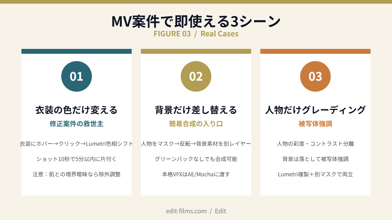 Premiereオブジェクトマスクを使うMV案件3シーン（衣装色変え/背景差し替え/人物グレーディング）