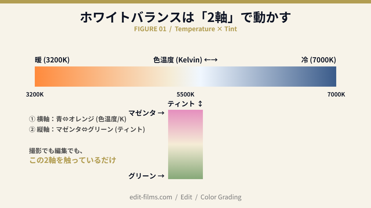 動画ホワイトバランスの基本|色温度とティントの2軸概念図