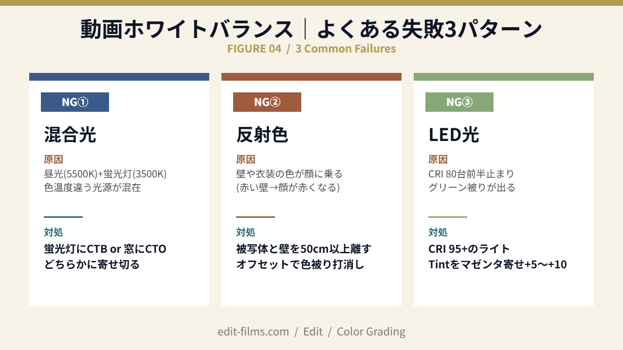 動画ホワイトバランスの失敗3パターン(混合光・反射色・LED光)
