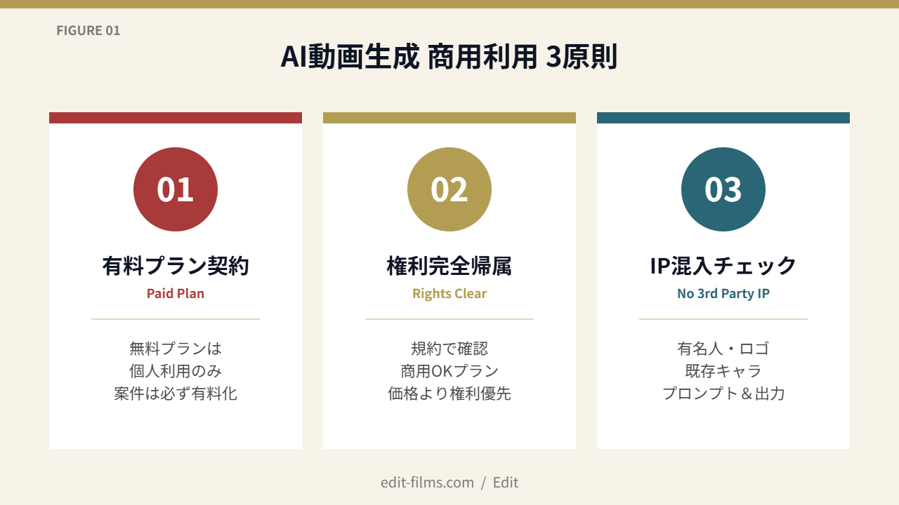 FIG01 AI動画生成 商用利用 3原則