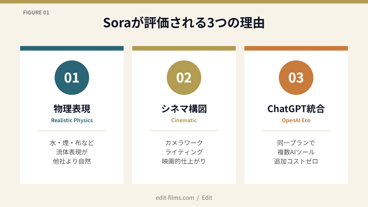 FIG01 Sora 3つの強み|物理表現・シネマ構図・ChatGPT統合