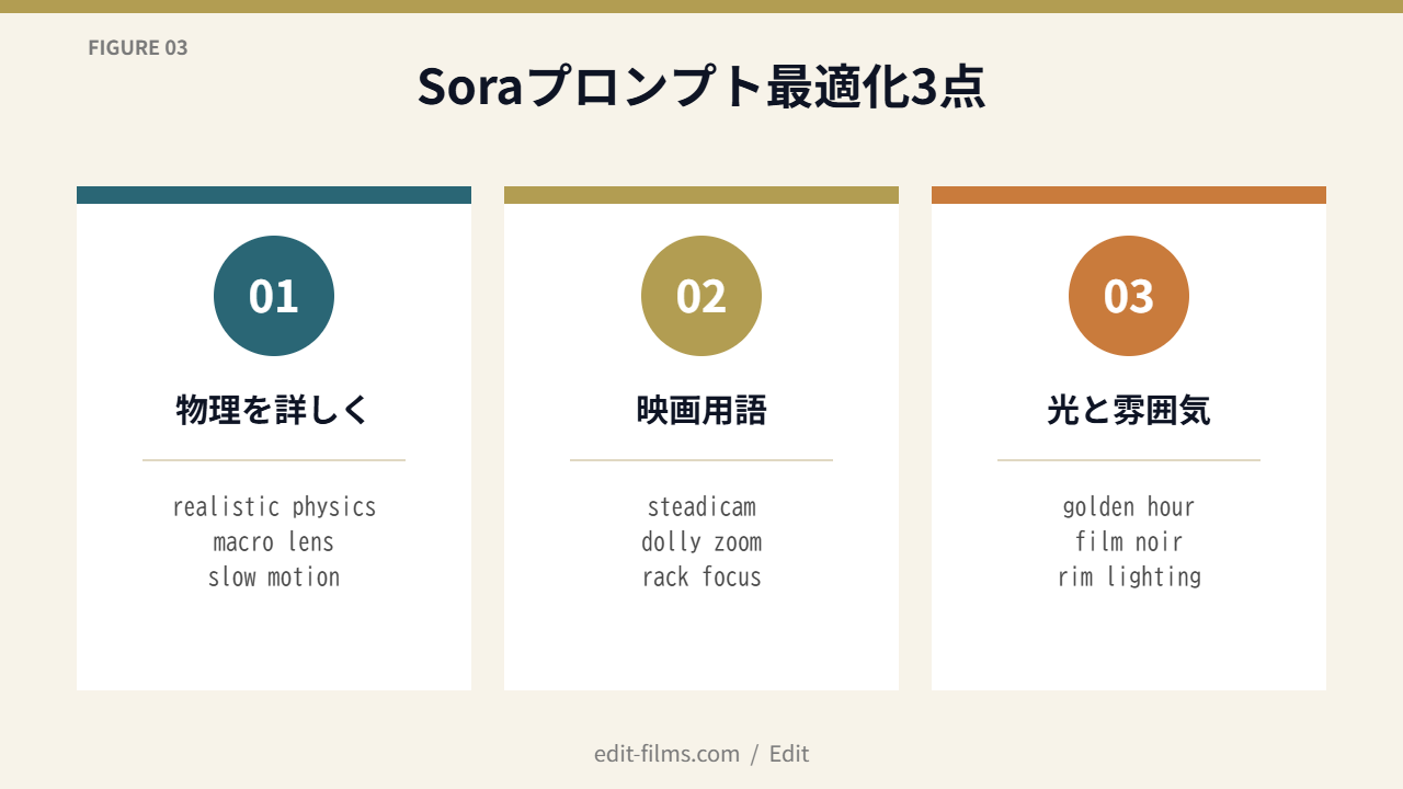 FIG03 Soraプロンプト最適化3点|物理・映画用語・光と雰囲気