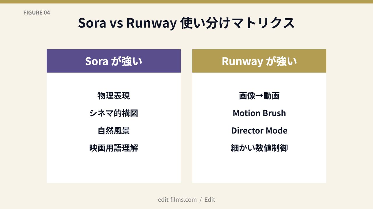 FIG04 Sora vs Runway 使い分けマトリクス