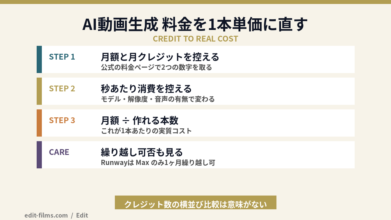 AI動画生成 料金 クレジット制の実質コスト計算の図解