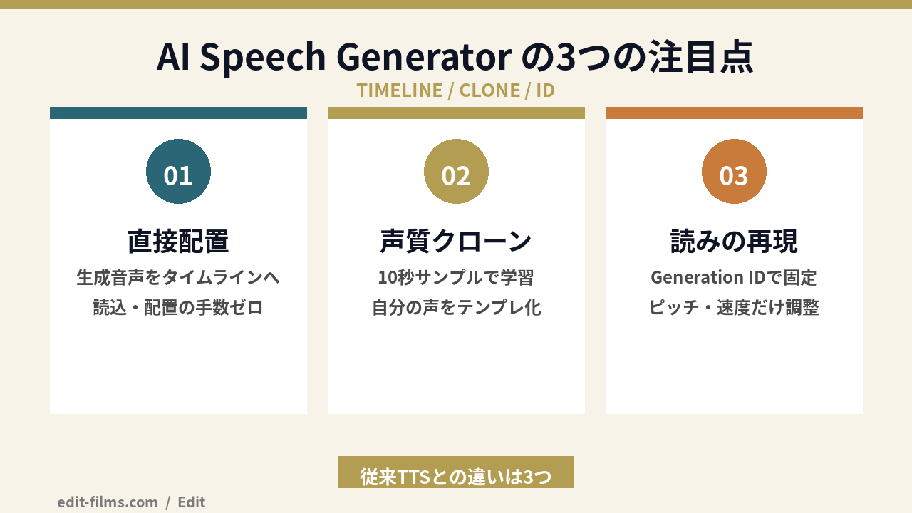 DaVinci AI Speech Generator の3つの注目点の図解