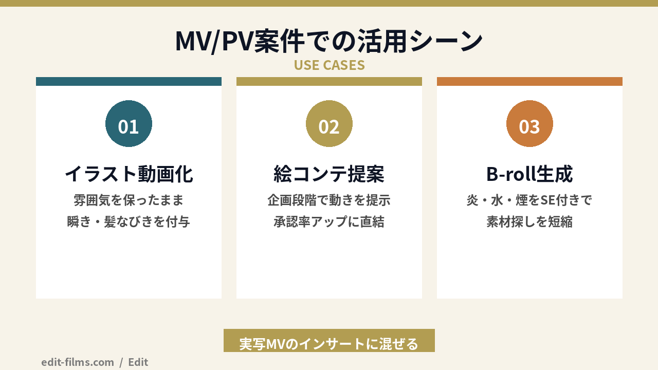 Grok Imagine Video 1.5 のMV/PV活用シーン3つの図解