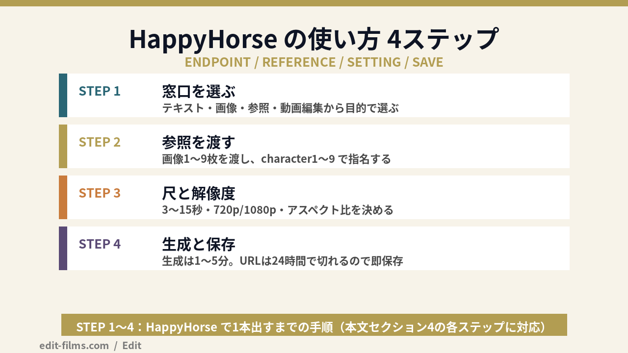 HappyHorse の使い方4ステップを示した図解