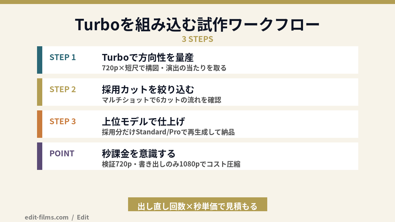 Kling 3.0 Turbo 使い方の試作ワークフローの図解