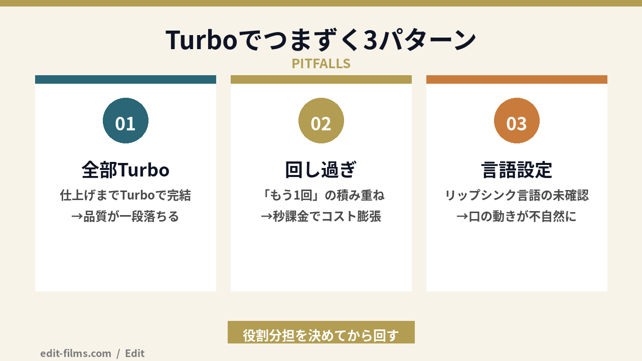 Kling 3.0 Turbo のつまずき3パターンの図解