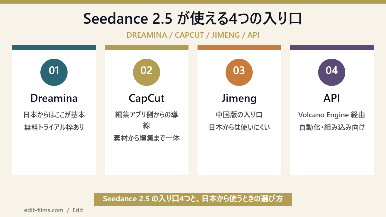 Seedance 2.5 が使える4つの入り口の図解