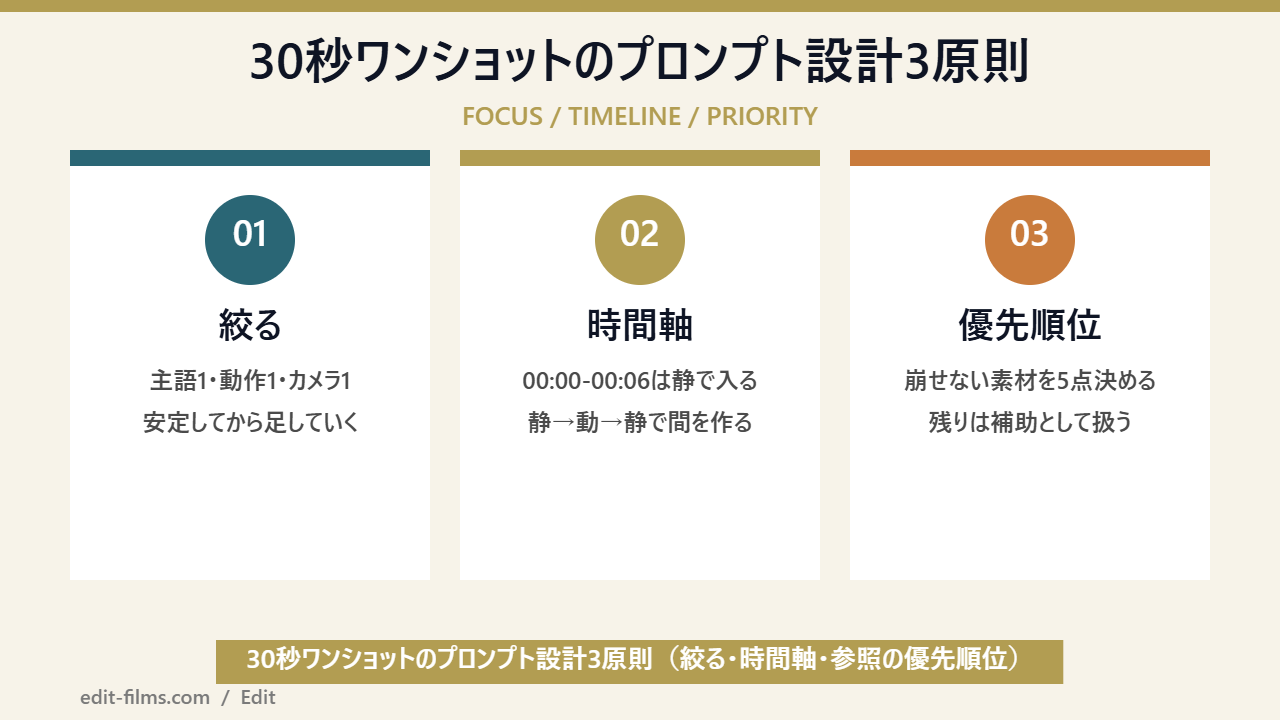 Seedance 2.5 のプロンプト設計3原則の図解
