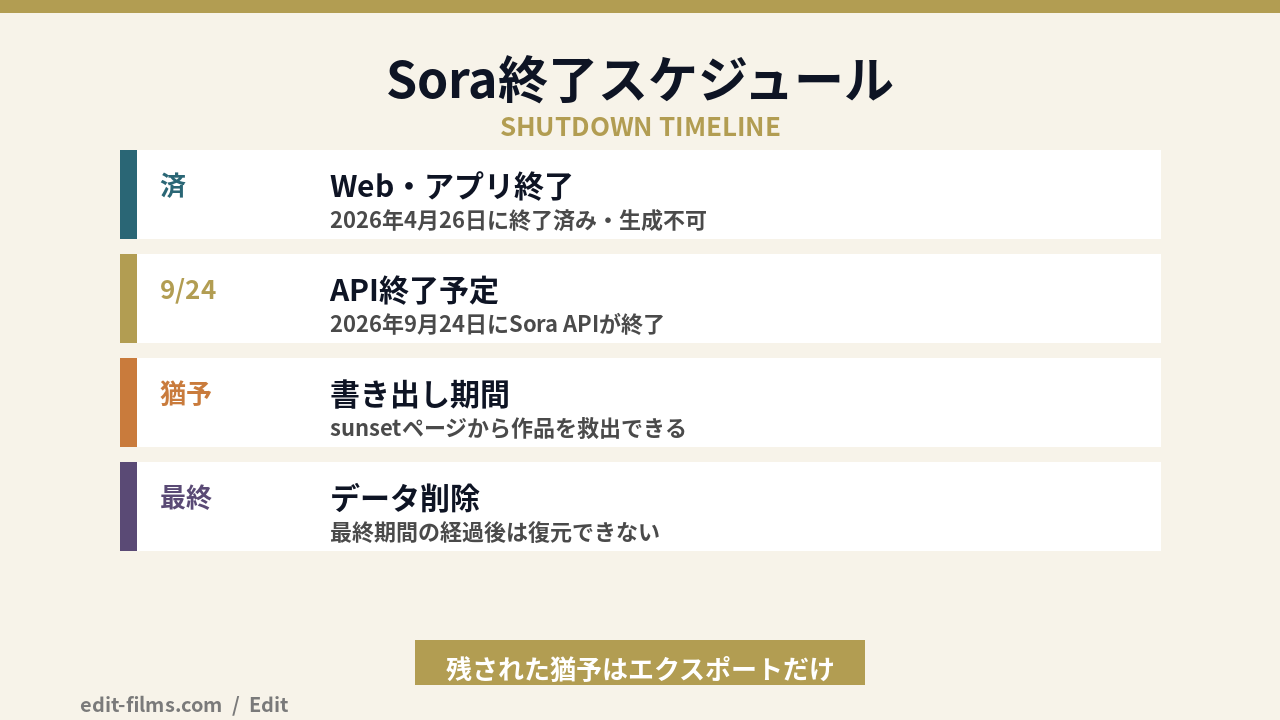 Sora終了スケジュールの図解（アプリ終了済み・APIは2026年9月24日まで）