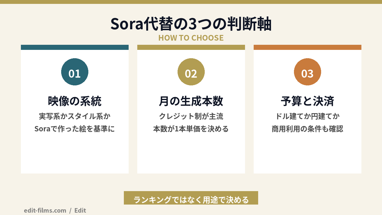 Sora代替ツールの選び方3つの判断軸の図解