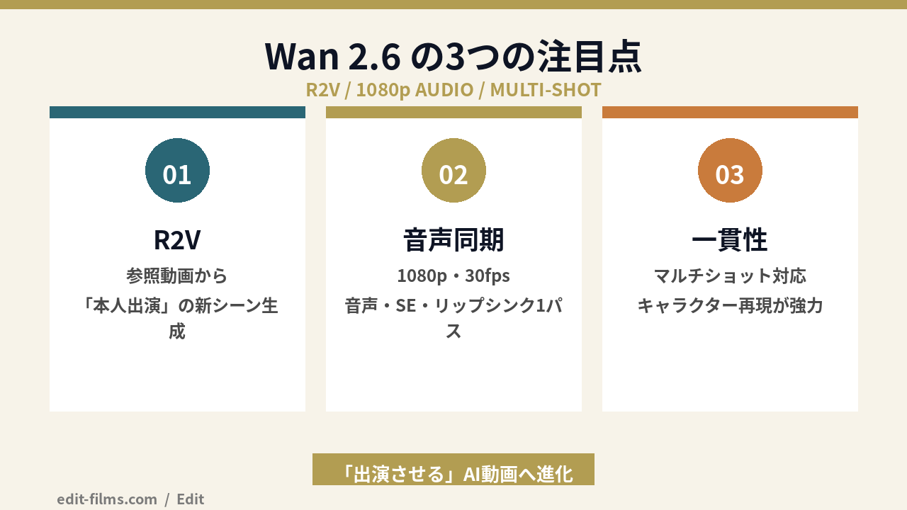 Wan 2.6 使い方 3つの注目点の図解