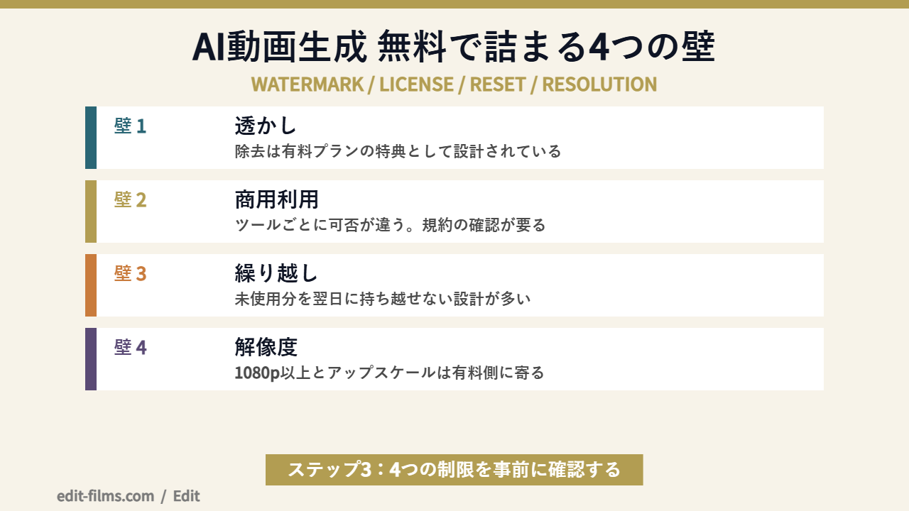 AI動画生成 無料枠で詰まる4つの壁を整理した図解