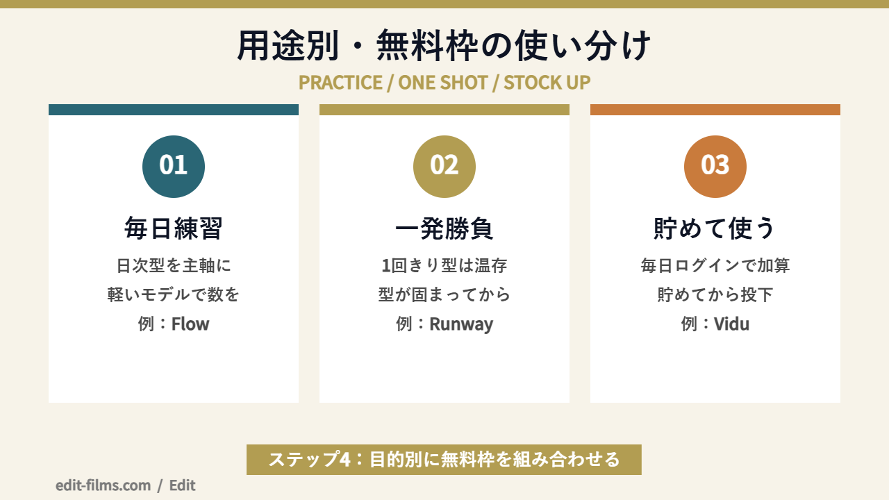AI動画生成 無料枠の用途別おすすめ使い分けの図解