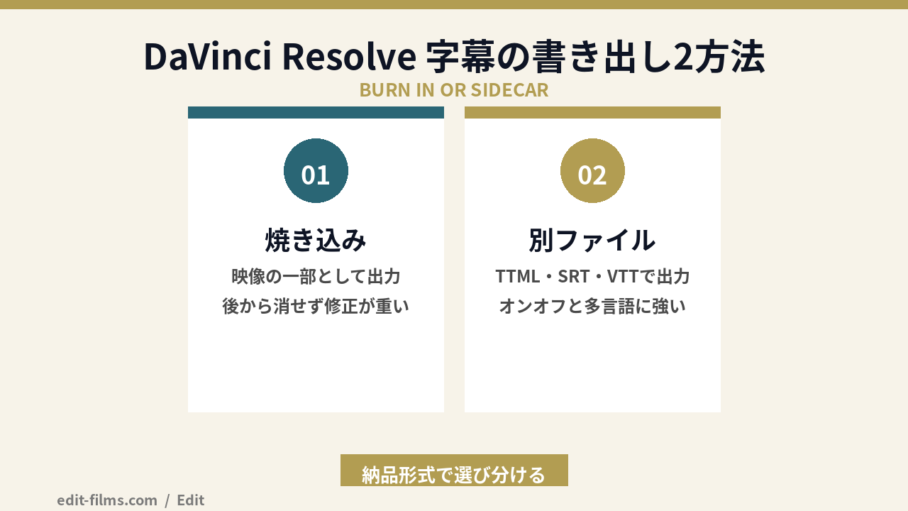 DaVinci Resolve 字幕の書き出し2つの方法の図解