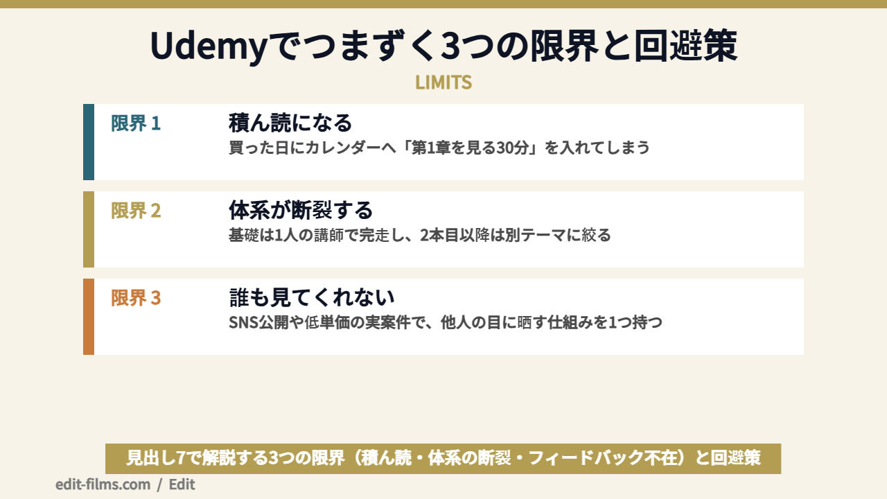 Udemy 動画編集講座の3つの限界と回避策の図解