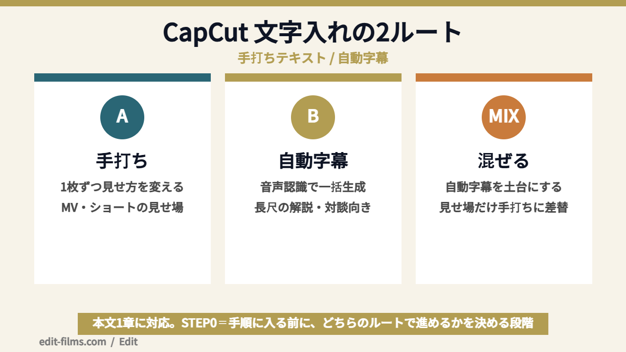 CapCut 文字入れの2つのルートを比較した図解