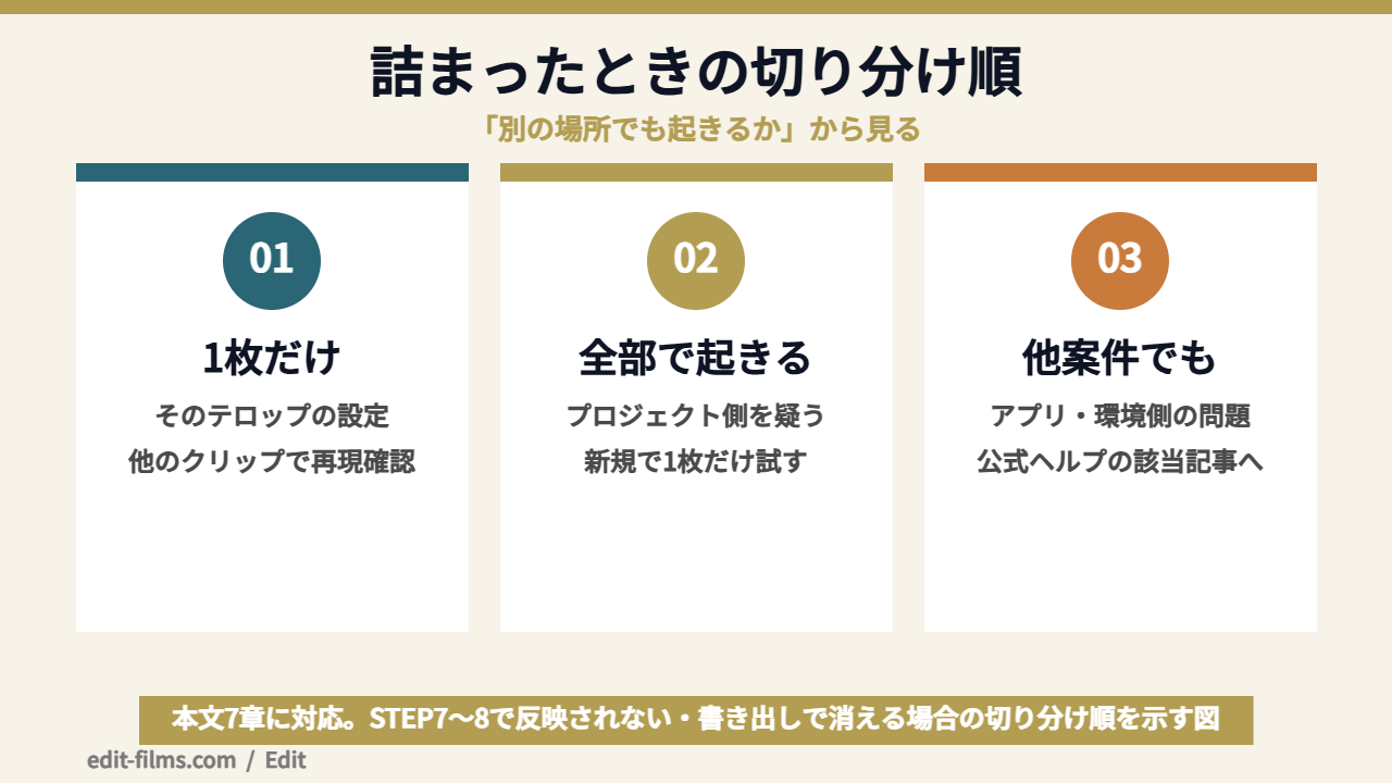 CapCut 文字入れで詰まったときの切り分け手順を示した図解
