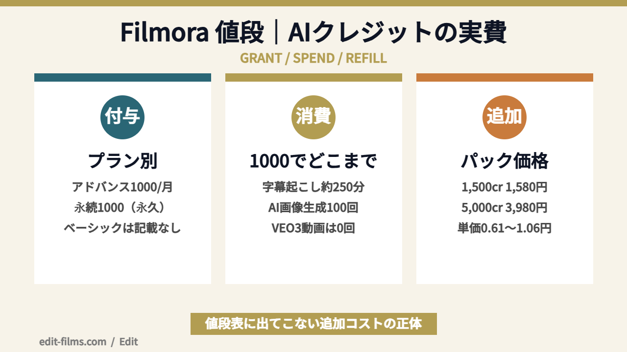 Filmora 値段 AIクレジットの付与と消費の図解