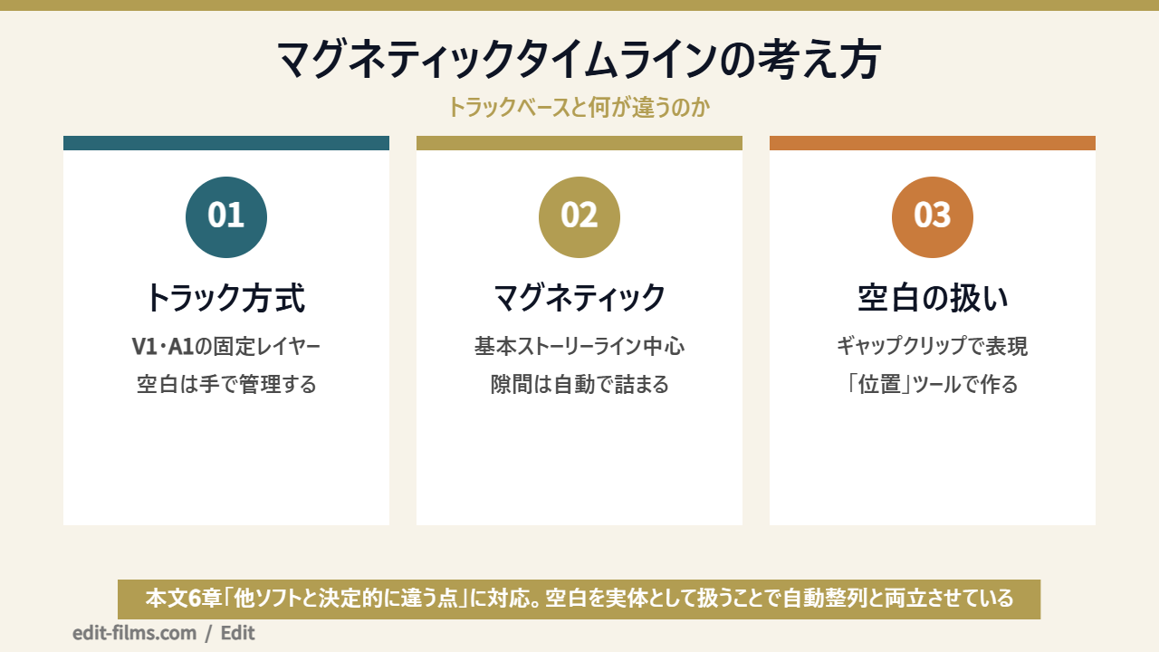 Final Cut Proの使い方の核であるマグネティックタイムラインと従来のトラック編集の違いを示した図解